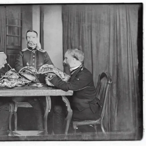 Image similar to a 1 8 5 8 photo of general pitzer a union general eating a large chicken burrito with cheese and salsa