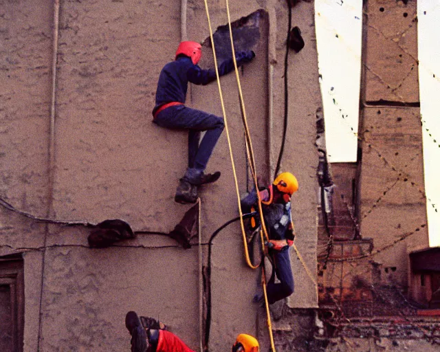 Image similar to lomo photo of basejumpers climbing on roof of soviet hrushevka, small town, cinestill, bokeh, out of focus