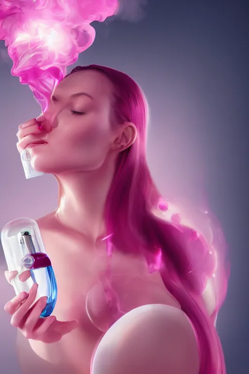 Image similar to Beautiful Woman Using a Pink Vapor Inhalation Machine Connected to a Spherical Bottle of Pink Liquid by a Tube, Pink Vapor Leaking from an Oxygen Mask, fantasy, magic, ultra detailed, digital art, trending on artstation, illustration, medical laboratory