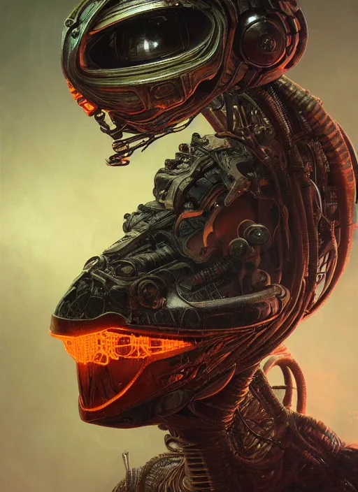 Prompt: close up sci - fi machine glowing mf doom reptile eyes fused into massive wires, pumpkin skin, elegant, highly detailed, centered, digital painting, artstation, concept art, smooth, sharp focus, illustration, artgerm, tomasz alen kopera, peter mohrbacher, donato giancola, joseph christian leyendecker, wlop, frank frazetta