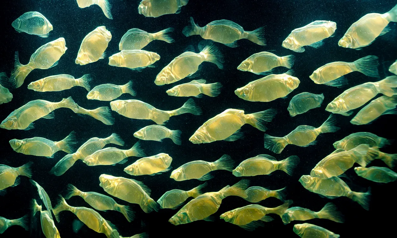 Prompt: wet translucent gills fish jumping out of water, in dark spaceship interior lab, dramatic shadows cast on mirror ground, showcases full of embryos, soft smoke, volumetric lighting, subsurface scattering, dramatic lighting, high detail, from new scifi by digital domain and weta digital, strong ambient occlusion, superdetail, matrix movie color grading