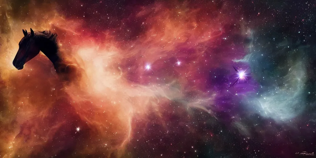 Image similar to an astronaut horse in outer space, epic nebula