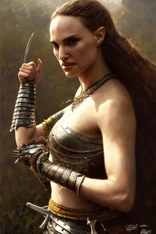 Image similar to natalie portman, legendary warrior, heroic, lord of the rings, tattoos, decorative ornaments, battle armor, by carl spitzweg, ismail inceoglu, vdragan bibin, hans thoma, greg rutkowski, alexandros pyromallis, perfect face, fine details, realistic shading photorealism