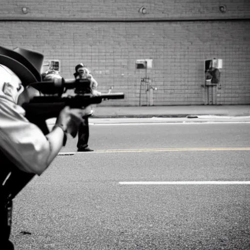 Image similar to cop with cowboy head shooting in direction of the camera, cool style, super high quality