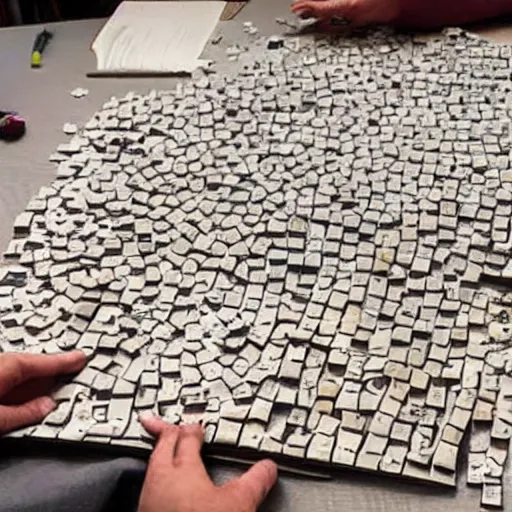 Image similar to Photograph of a book being constructed out of pieces like a giant puzzle