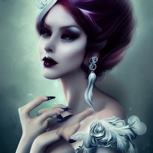 Image similar to of a woman inspired by Natalie Shau,Charlie bowater,Anna Dittman,pearls, hair bun in hair,jewellery in hair,cinematic