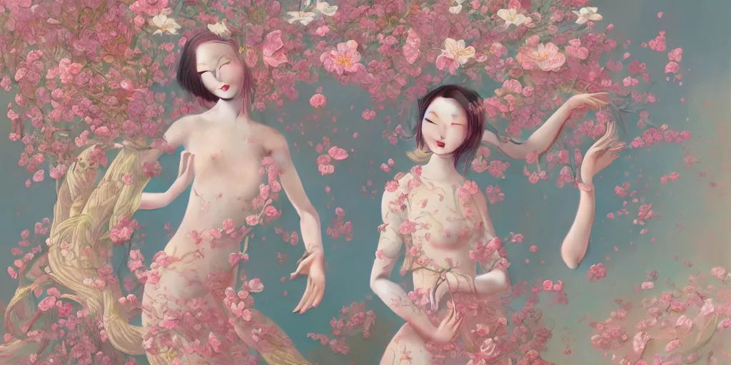 Prompt: breathtaking detailed concept art painting pattern blend of flowers and girls, by hsiao - ron cheng, bizarre compositions, exquisite detail, pastel colors, 8 k