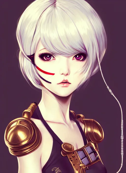 Image similar to portrait Anime girl in steampunk bikini armor, cute-fine-face by Ilya Kuvshinov, white-hair pretty face, realistic shaded Perfect face, fine details. Anime, steampunk, bioshock. realistic shaded lighting, by Gustav Klimt