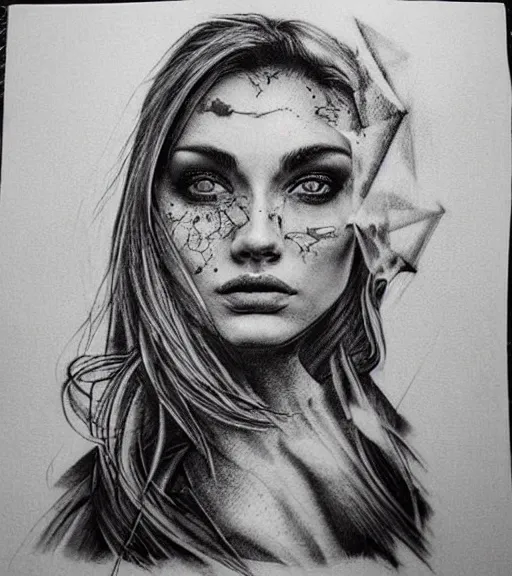 Prompt: amazing blend effect on a beautiful woman face and mighty mountains, tattoo design sketch, hyper - realistic, in the style of matteo pasqualin, amazing detail, black and white