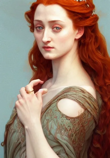 Image similar to sansa stark on sanset, intricate, elegant, highly detailed, digital painting, artstation, concept art, smooth, sharp focus, illustration, art by artgerm and greg rutkowski and alphonse mucha and william - adolphe bouguereau