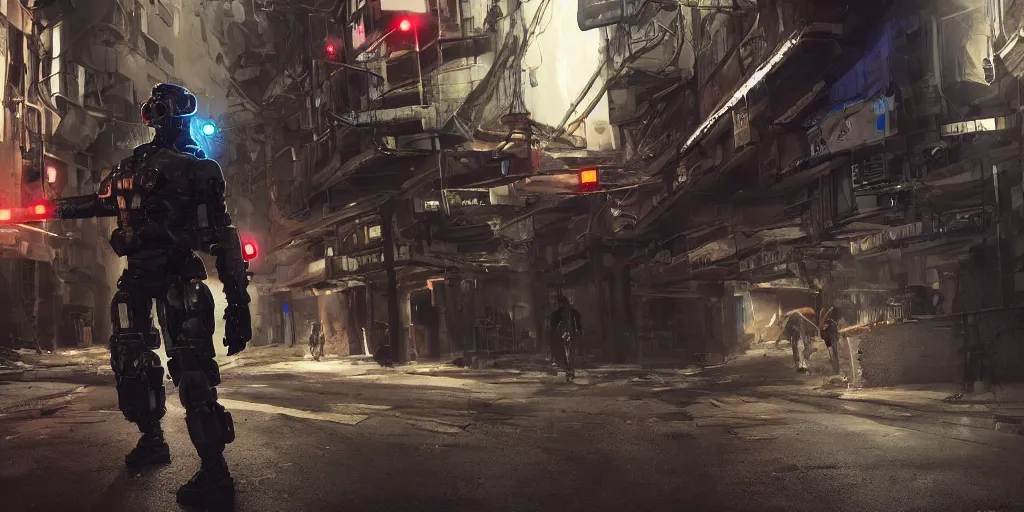 Image similar to panorama military police cyborg shooting a rifle, wearing bullet-riddled armor, glowing red eyes, brutalist industrial cyberpunk alley, blue city lights, dynamic dramatic dark moody lighting,shadows,cinematic atmosphere,Artstation, hyperrealistic 3D digital art,Octane render,8K 4K UHD image