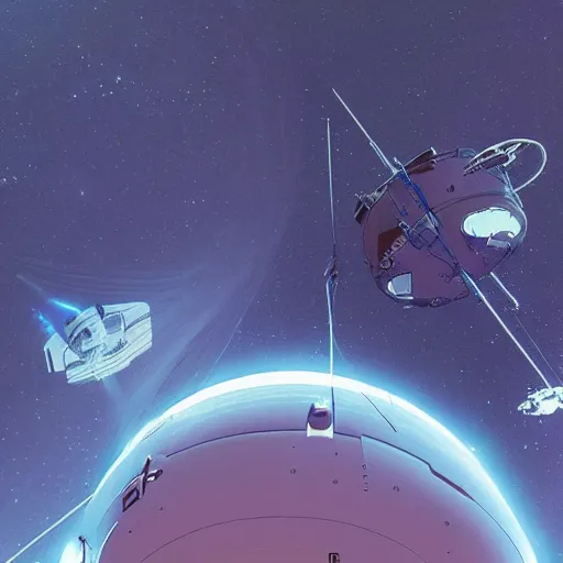 Image similar to a spacecraft moving towards earth by moebius and makoto shinkai, cinematic composition