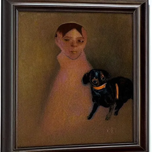 Image similar to a woman and her black and brown chihuahua by odilon redon