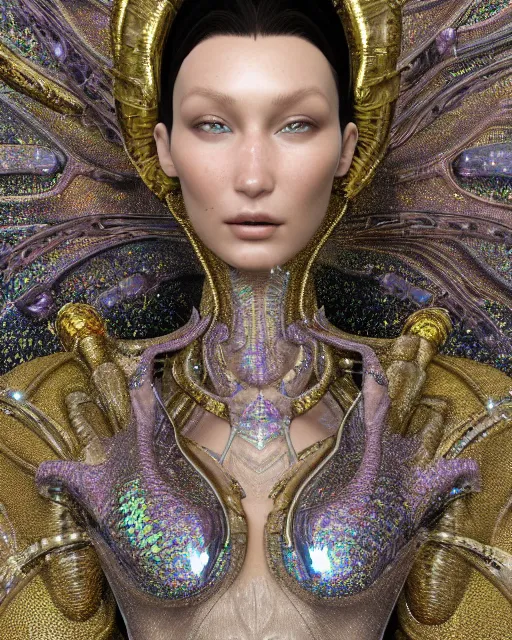 Prompt: a highly detailed metahuman 4 k close up render of an alien goddess bella hadid monument celine bernaerts makeup in iris van herpen dress schiaparelli in diamonds crystals swarovski and jewelry iridescent in style of alphonse mucha gustav klimt trending on artstation made in unreal engine 4