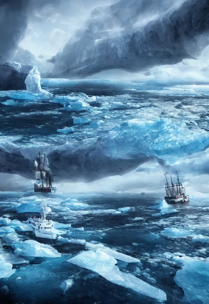 Image similar to ship being persecuted by a police ship over raging turbulent waters in antartica, icebergs in the background, hyper realistic, highly detailed, digital art, apocalyptic, intimidating lighting, raytracing, sharp focus, smooth, romanticism