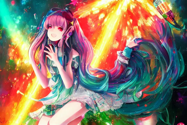 Image similar to hatsune miku singing for the whole world, fireworks at the greatest festival of all time, by ross tran, oil on canvas