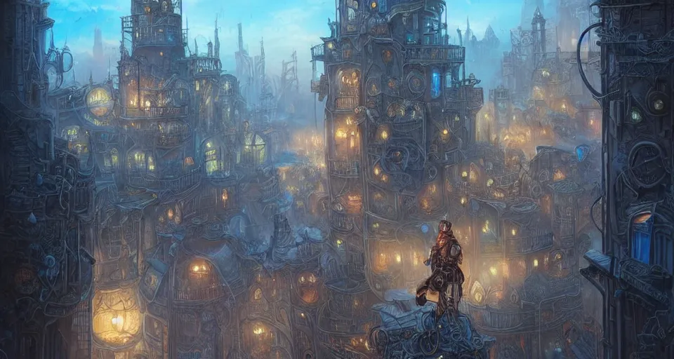 Prompt: landscape painting of fantasy metal steampunk city that has a light blue glow with walkways and lit windows with a hooded thief in leathers climbing a building using a rope, fine details, magali villeneuve, artgerm, rutkowski