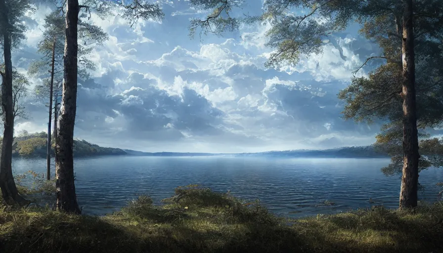 Prompt: portrait of a vast lake surrounded by woodland, highly detailed, sunny, blue sky, cinematic lighting, highly angle, godrays, volumetric, photorealistic, digital art painting by greg rutkowski