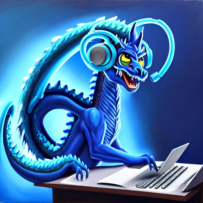 Image similar to a photorealistic painting of an anthropomorphic blue western dragon wearing headphones, laptop, oil on canvas, furry, soft lighting