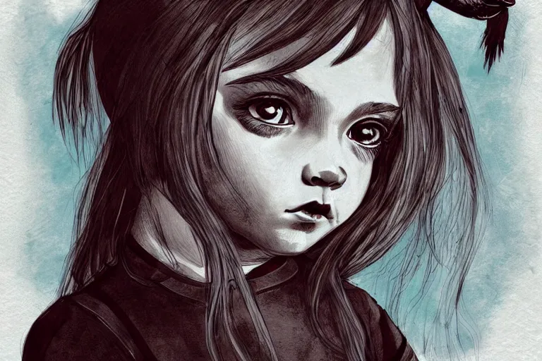 Image similar to portrait of a little girl with a wolf head, dark color scheme, ink, artstation