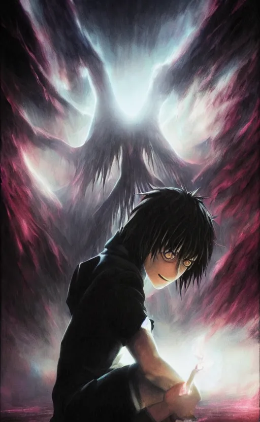 Prompt: a beautiful artwork illustration, death note, volumetric fog, godrays, high contrast, high contrast, high contrast, vibrant colors, vivid colors, high saturation, by Greg Rutkowski and Jesper Ejsing and Raymond Swanland, featured on artstation, wide angle, vertical orientation