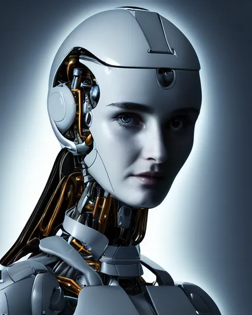 Image similar to centered portrait of soulful young demi moore as a solarpunk mecha humanoid robotic parts with bright led lights, real human face, pudica gesture bouguereau style, in white room, ultra - realistic and intricate, soft portrait shot 8 k