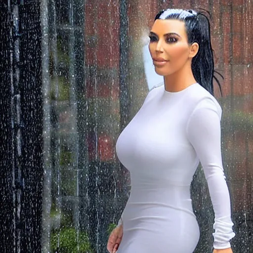 Image similar to kim kardashian leaning against a wall, caught in heavy rain, soaked wet hair, slightly white transparent dress, 4k HD, trending photo, night,