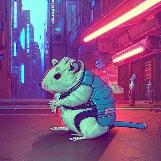 Image similar to A cyberpunk hamster cyborg on the street of a cyberpunk city art by Josan Gonzalez, sci-fi, highly detailed, digital painting, artstation, smooth, sharp focus, illustration, concept art by Josan Gonzalez and James Gurney and Mœbius