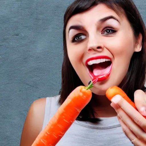Prompt: woman eating man with carrot hands