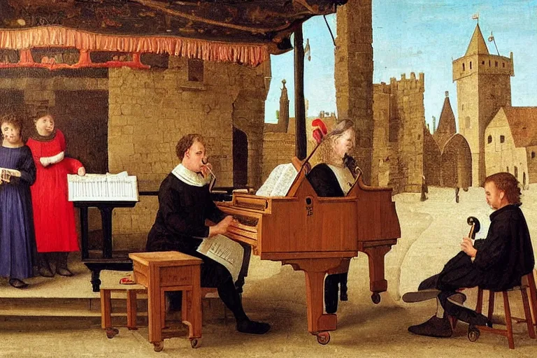 Image similar to a recorder player and a grand piano player on the marketplace, medieval time, masterpiece