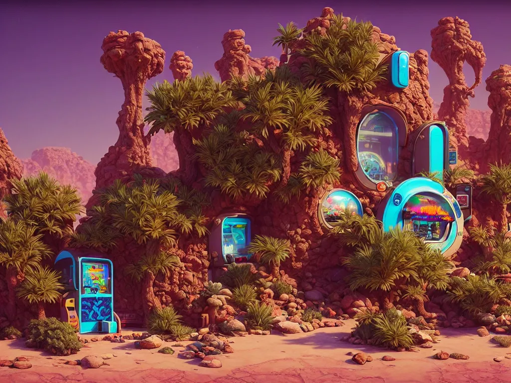 Prompt: 80s outdoor retro arcade, desolate, desert oasis vegetation:: beeple and James Gilleard and Justin Gerard :: ornate, dynamic, particulate, intricate, elegant, highly detailed, centered, artstation, smooth, sharp focus, octane render, 3d