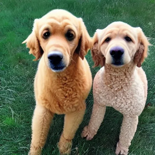 Prompt: photorealistic picture of 1 poodle 1 puggle and 1 golden retriever