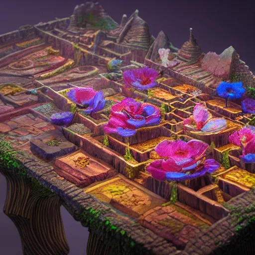 Image similar to minature tabletop city made of flower petals, in the style of tomasz alen kopera and fenghua zhong and peter mohrbacher, mystical colors, rim light, beautiful lighting, 8 k, stunning scene, raytracing, octane, trending on artstation