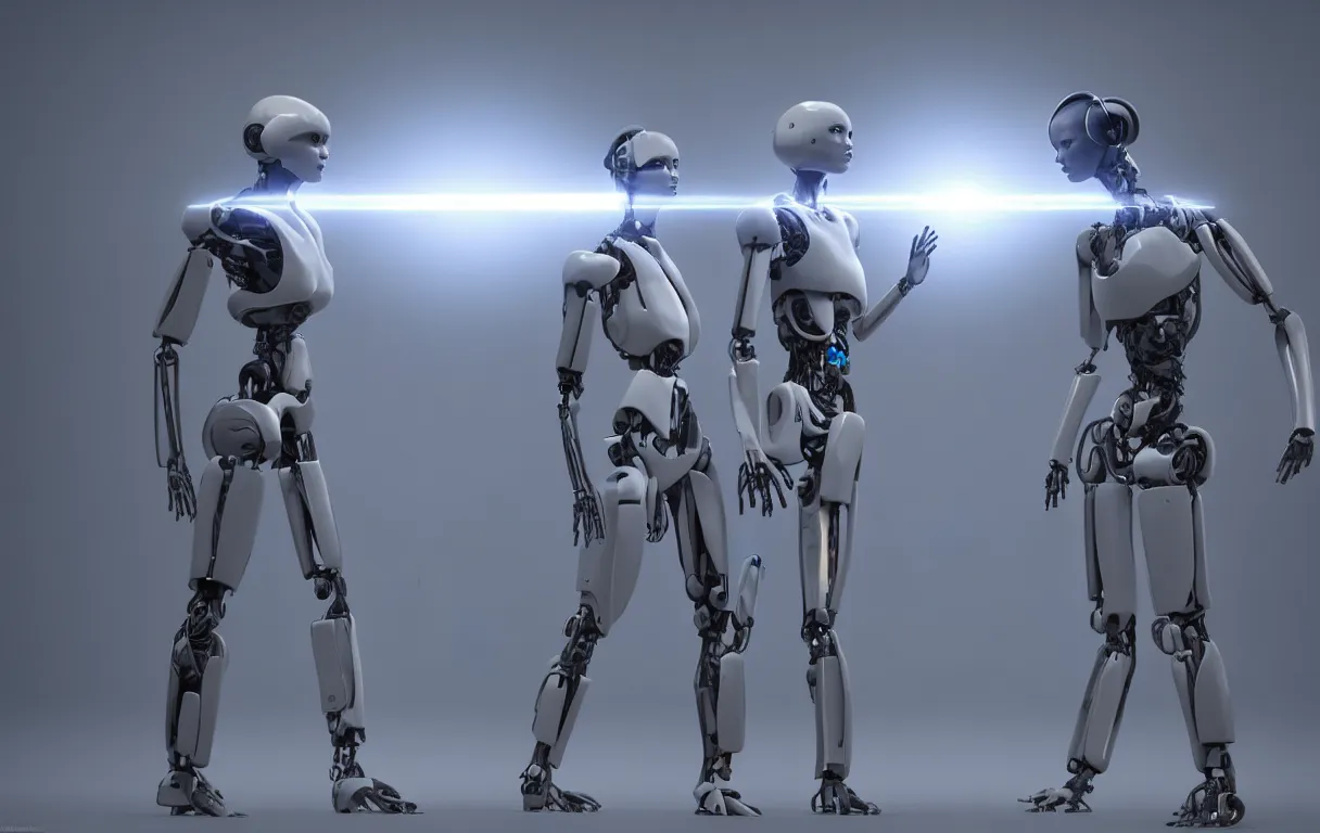 Image similar to a concept art of two ai androids facing each other while their eyes are closed unreal engine 5 render