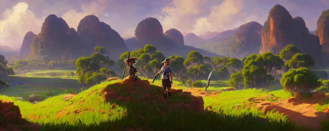 Image similar to australian impressionism landscape, pokemon sword and shield ghibli landscape illustration close floral clearing and mountains in the background, deep focus, d & d, fantasy, intricate, elegant, highly detailed, digital painting, artstation, concept art, matte, sharp focus, illustration, hearthstone, art by fire watch game and greg rutkowski, no characters