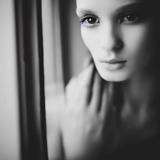 Image similar to black and white fashion photography portrait of a beautiful depressed Woman with detailed face standing by the window, natural light, film grain, soft vignette, sigma 85mm f/1.4 1/10 sec shutter