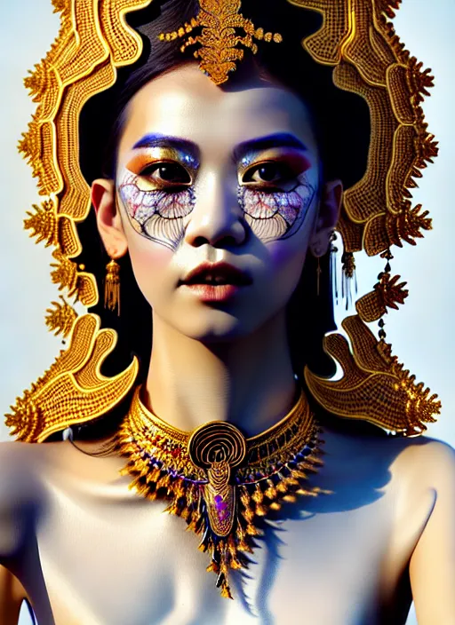 Image similar to absurdly beautiful young thai woman with symmetrical white makeup, wearing an intricate headdress made from bones, wearing large earrings made from white bones, hyperdetailed illustration by irakli nadar and alexandre ferra, intricate linework, unreal engine 5 highly rendered, global illumination, radiant light, detailed and intricate environment