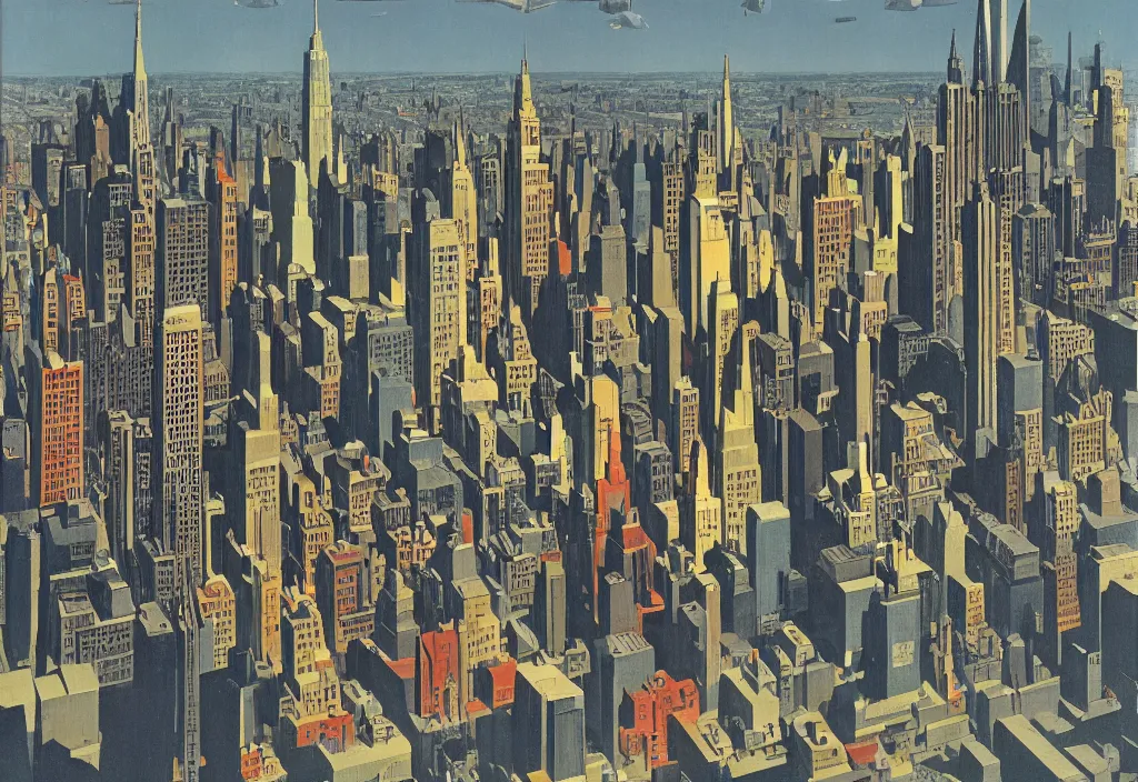 Image similar to Modern New York, high contrast, Ludek Pesek, Rick Guidice, Chesley Bonestell, Lucien Rudaux, Rolf Klep, Fred Freeman, George Pal