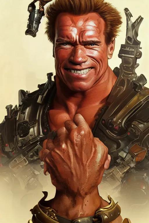 Image similar to portrait of arnold schwarzenegger as junkrat from overwatch, full body, fantasy, intricate, elegant, highly detailed, digital painting, artstation, concept art, sharp focus, illustration, art by artgerm and greg rutkowski and alphonse mucha