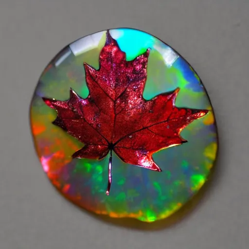 Image similar to maple leaf resting!!!!! on a colorful opal crystal, 4 k, 3 5 mm!!!!! lens