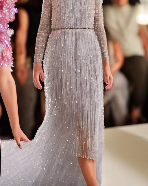 Prompt: nathalie portman at the new york fashion week, wearing an outfit made from crystals, photo by greg rutkowski, soft lighting, female beauty, intricate detail, elegance, sharp shapes, masterpiece