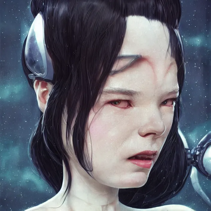 Image similar to portrait of bjork as a cyborg - by tom bagshaw, by ilya kuvshinov, rtx rendering, octane render 1 2 8 k, maya, extreme high intricate details by wlop, digital anime art by ross tran, medium shot, close up shot, composition by sana takeda, dramatic lighting by greg rutkowski, 8 k, trending on artstation