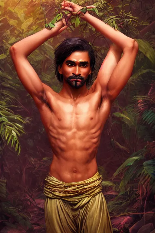 Image similar to stunningly beautiful, male nepali dancer in jungle, symmetrical face, golden hour, smooth, focus, highly detailed, hyper realistic, dramatic lighting, elegant, intricate, concept art, art by wlop, mars ravelo, greg rutowski, artstation