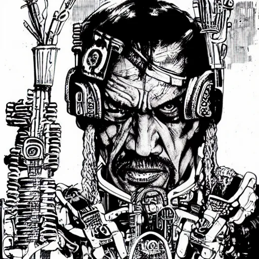 Prompt: danny trejo as a cyberpunk executioner, hyperdetailed, art by philippe druillet