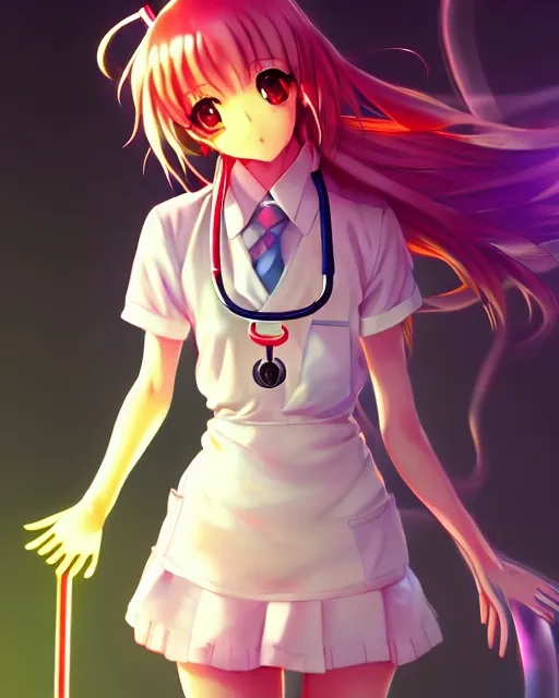 Prompt: anime style, vivid, expressive, full body, 4 k, painting, a cute magical girl with a long wavy hair wearing a nurse outfit, correct proportions, stunning, realistic light and shadow effects, neon lights, studio ghibly makoto shinkai yuji yamaguchi