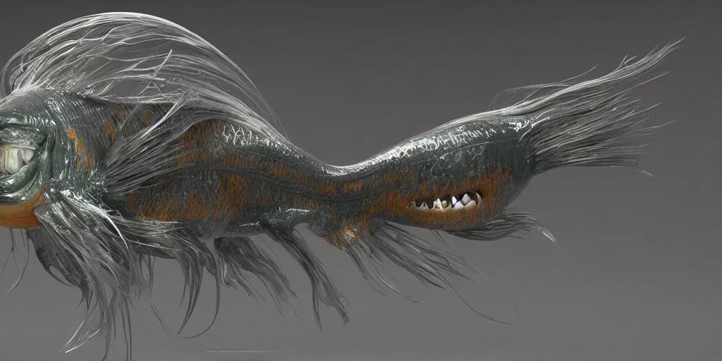 Image similar to goldfish, stylized layered textures, long flowing fins, bioluminescent orbs, 3 d render, substance painter, glowing eye, smooth, sharp focus, art by h r giger