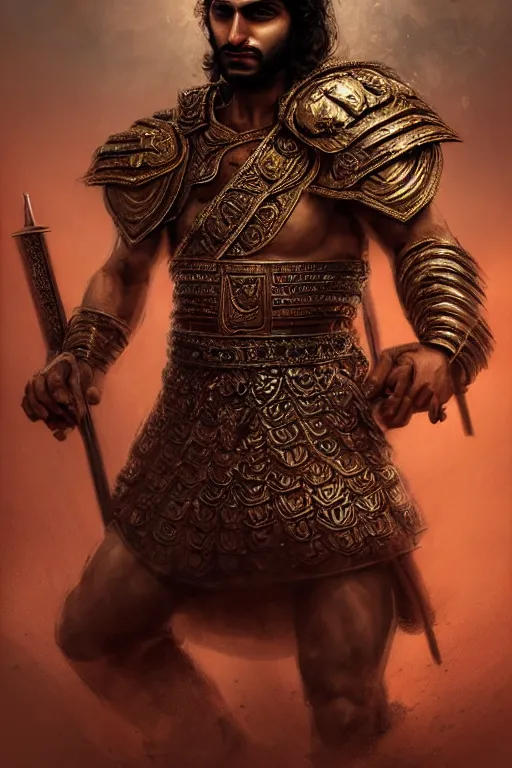 Image similar to portrait of a Persian Prince fighting at war, warrior, brutal battle, handsome prince, shaved face, no beard, attractive young man, heroic pose, persian style architecture, dramatic lighting, dark and horror, action and tragedy, dust and blood, intricate, wild, highly detailed, digital painting, artstation, concept art, smooth, sharp focus, illustration, art by artgerm and greg rutkowski and alphonse mucha, footage from space camera