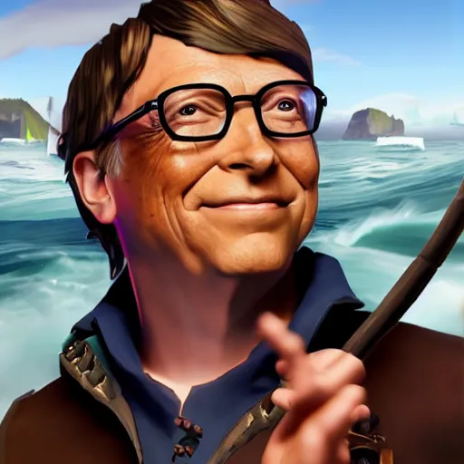 Prompt: Bill Gates as a pirate in the game Sea of thieves, digital art, trending on artstation