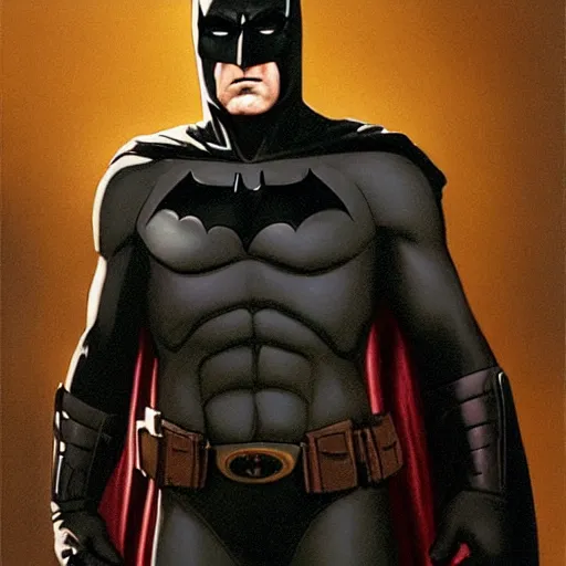 Image similar to Painting of Ben Affleck's Batman wearing his Batman suit in full. Art by William Adolphe Bouguereau. During golden hour. Extremely detailed. Beautiful. 4K. Award-winning.