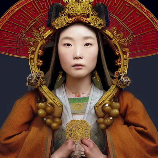 Image similar to a highly detailed portrait of a medieval chinese princess, beautiful detail and color, art by john collier and albert aublet and krenz cushart and artem demura and alphonse mucha, volumetric lighting, octane render, 4 k resolution, matte, sharp focus, illustration, art by jacque - louis david, baroque style